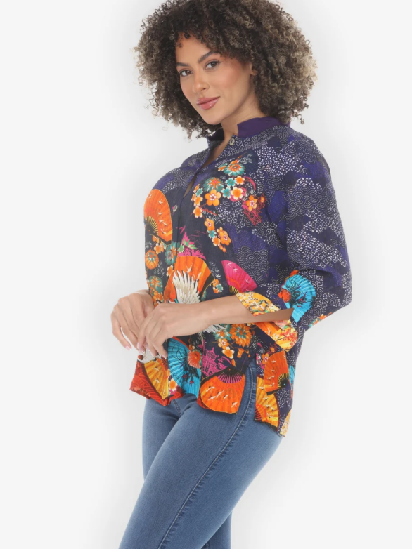 Citron "Flower Crane Fans Navy Silk Blouse" - 1213FCFN