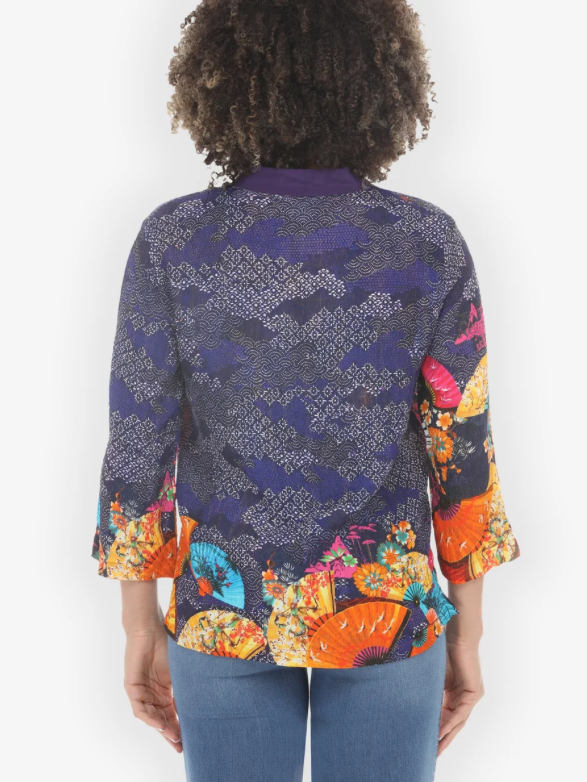 Citron "Flower Crane Fans Navy Silk Blouse" - 1213FCFN