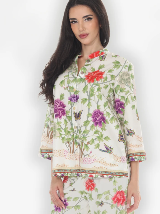Citron "Border Floral Butterflies in White Cotton Blouse" - 1213BFBW