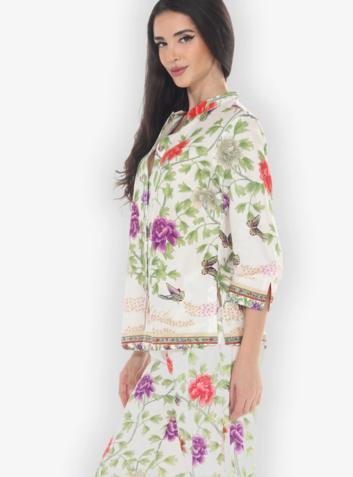 Citron "Border Floral Butterflies in White Cotton Blouse" - 1213BFBW
