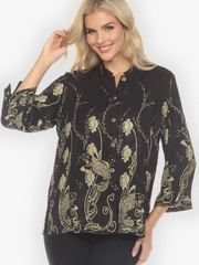 Citron "Graceful Fish Flowers in Black Silk Blouse" - 1213GFFB