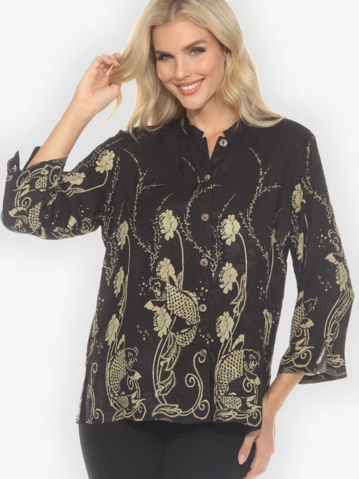 Citron "Graceful Fish Flowers in Black Silk Blouse" - 1213GFFB