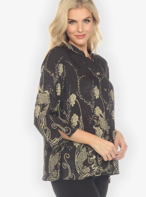 Citron "Graceful Fish Flowers in Black Silk Blouse" - 1213GFFB