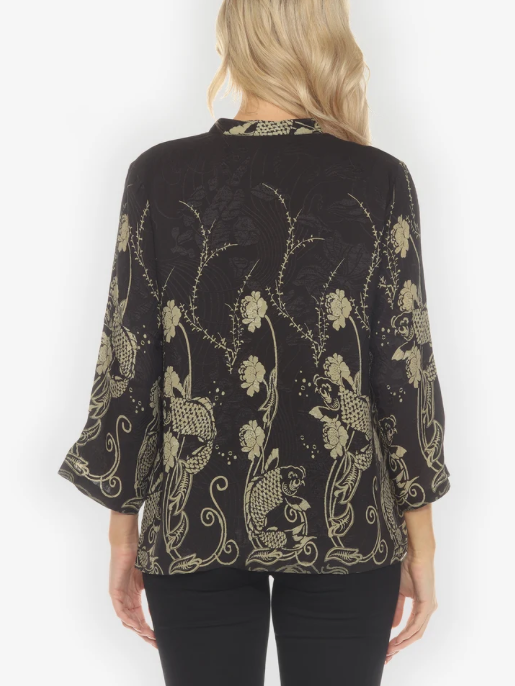Citron "Graceful Fish Flowers in Black Silk Blouse" - 1213GFFB