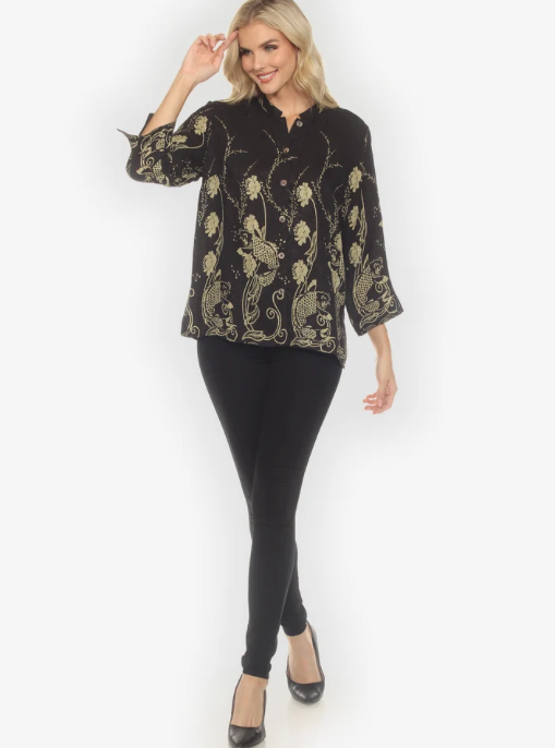 Citron "Graceful Fish Flowers in Black Silk Blouse" - 1213GFFB