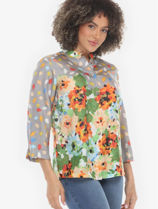 Citron "Abstract Floral Print Orange Green Silk Blouse" - 1213AFP-OG