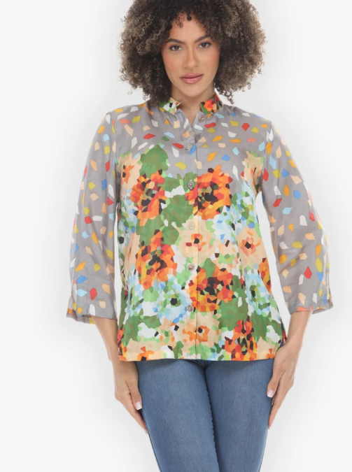 Citron "Abstract Floral Print Orange Green Silk Blouse" - 1213AFP-OG