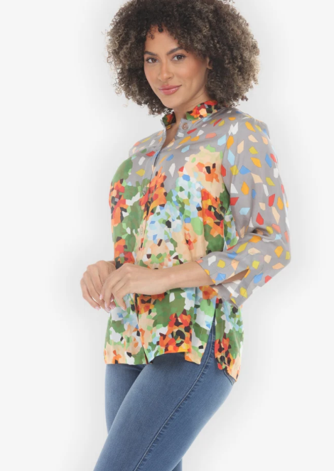 Citron "Abstract Floral Print Orange Green Silk Blouse" - 1213AFP-OG