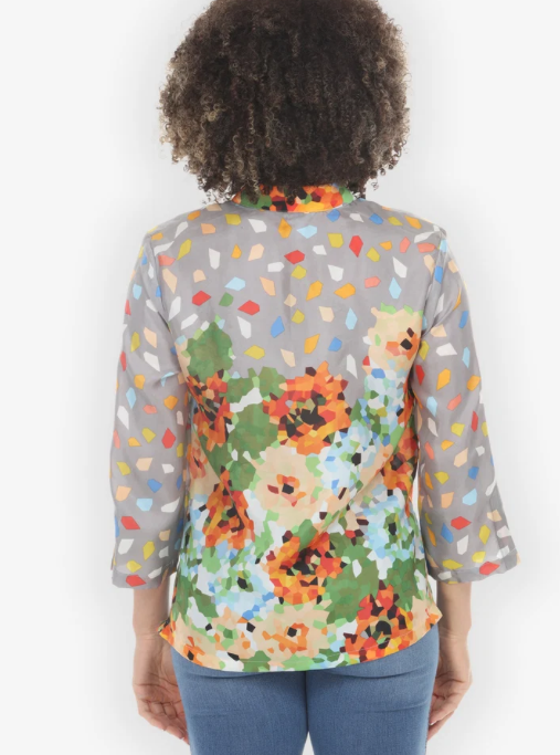 Citron "Abstract Floral Print Orange Green Silk Blouse" - 1213AFP-OG