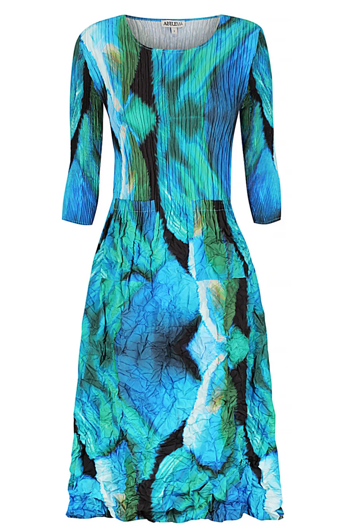 Alquema 3/4 Sleeve Smash Pocket  Dress - AQUA BOWS