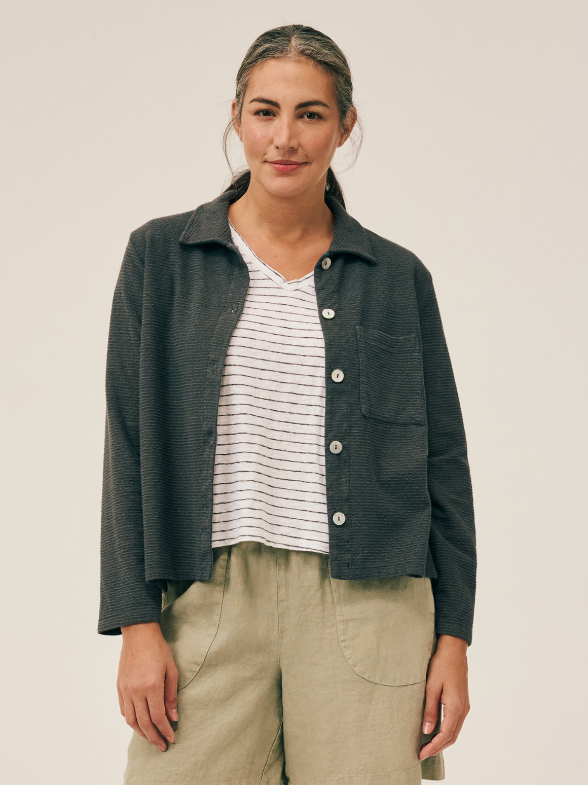 CUT LOOSE Grey Stripe Doublecloth Crop Jacket - 2338935