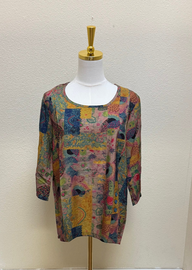 Shana Abstract Printed Button Round Neck Detail Top - 26801 - PINK