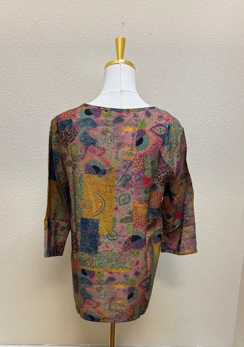 Shana Abstract Printed Button Round Neck Detail Top - 26801 - PINK