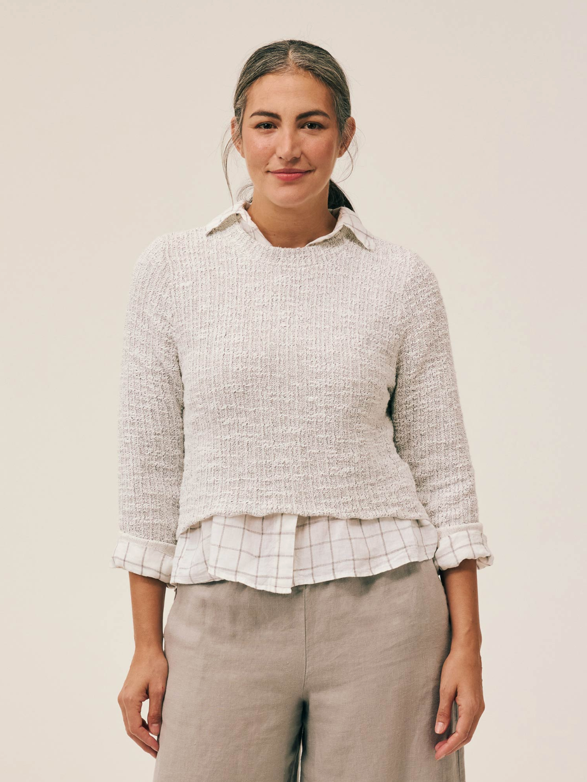 CUT LOOSE Windowpane Linen Crop Shirt - 4116806