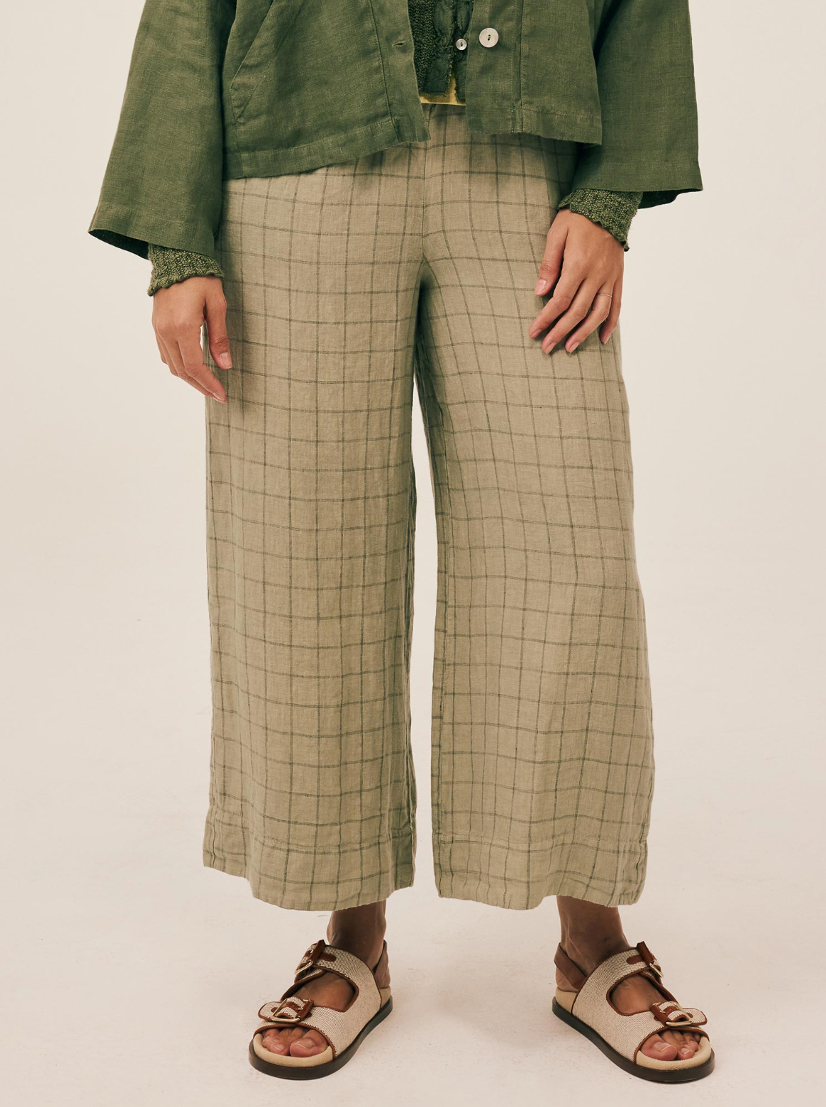 CUT LOOSE Windowpane Linen Crop Pants with Pockets - 4112259
