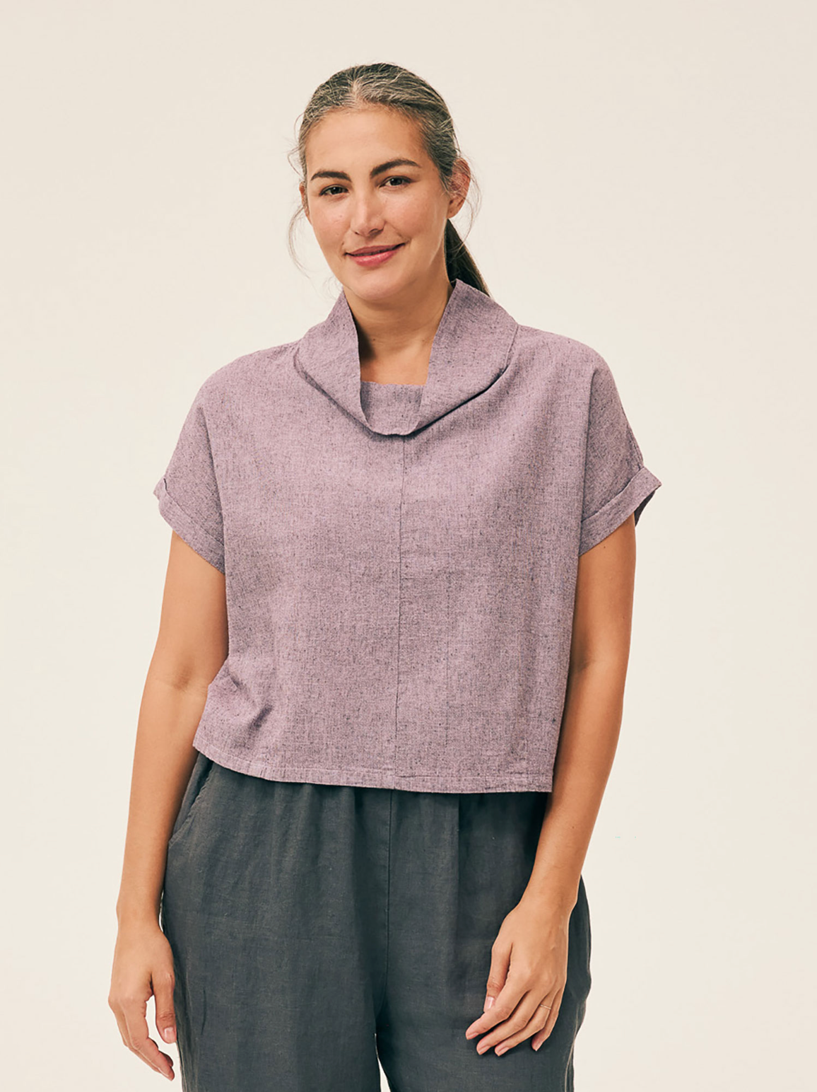 CUT LOOSE Crosshatch Roll Sleeve Cowl Top - 4196732