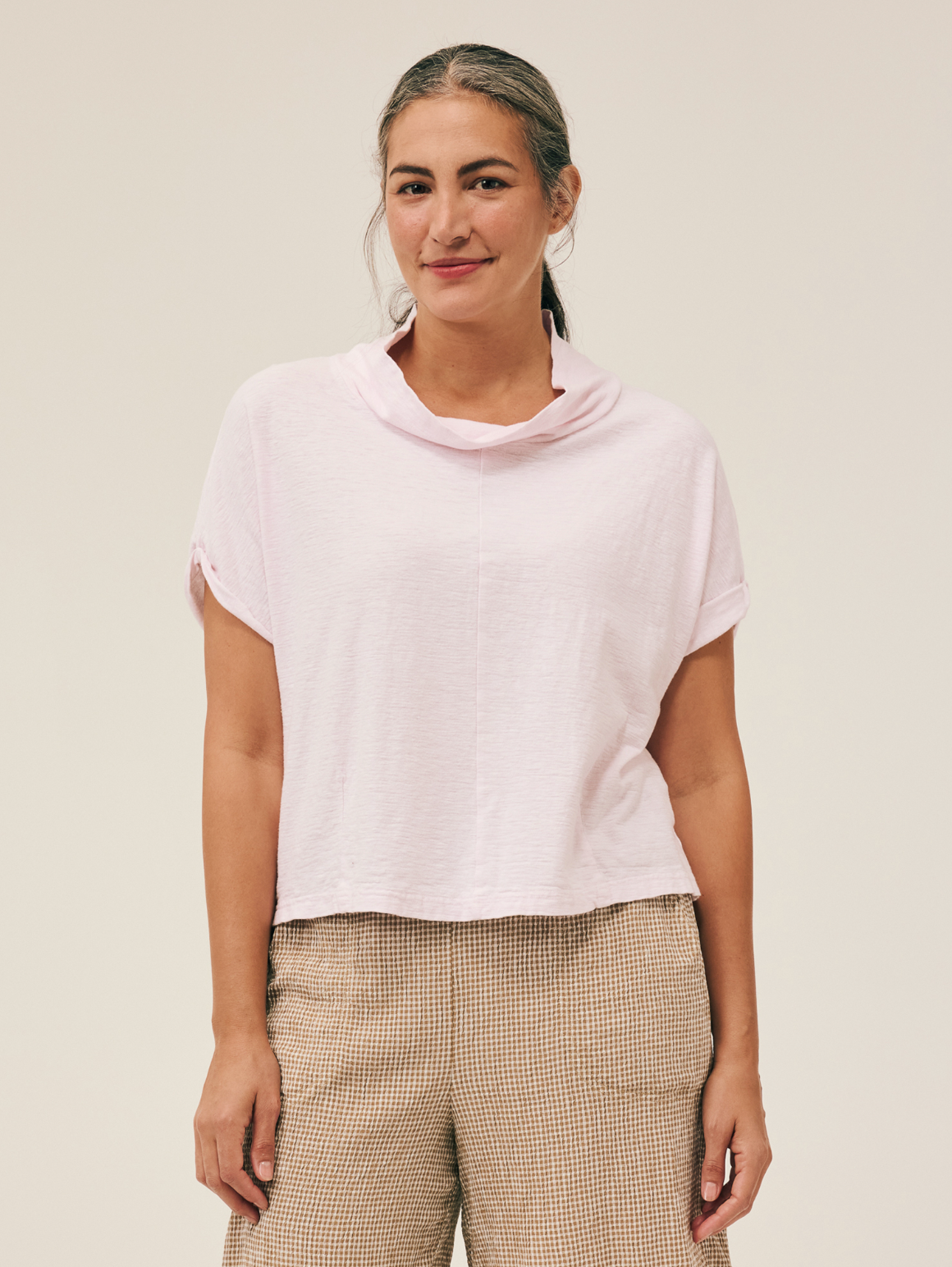 CUT LOOSE Linen Cotton Jersey Roll Sleeve Cowl Top - 5016732