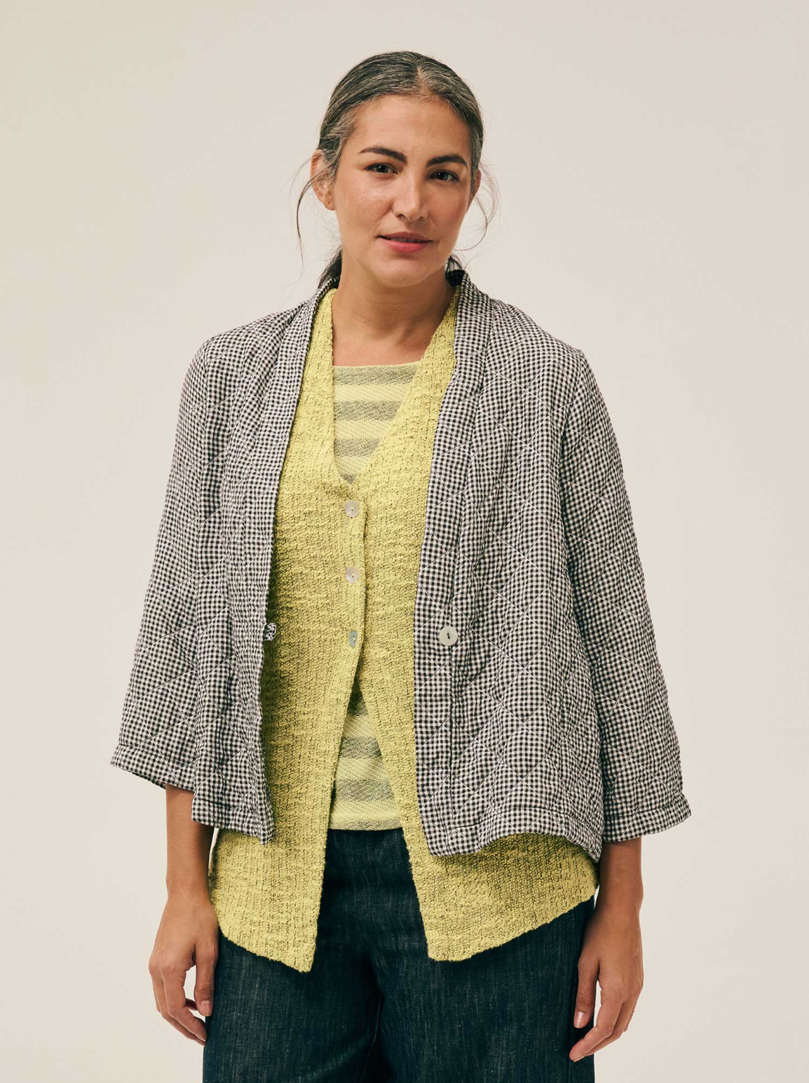 CUT LOOSE Crinkle Check Quilt Kimono Jacket - 6138817