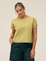 CUT LOOSE Grey Stripe Crinkle Short Sleeve High Low Top - 0646182