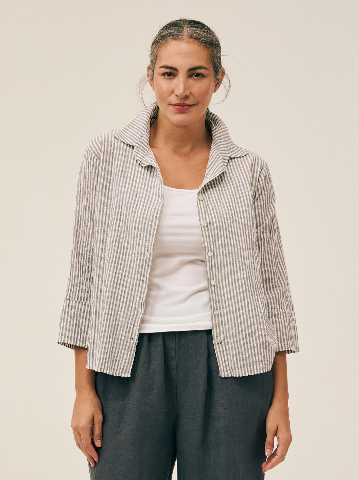 CUT LOOSE Grey Stripe Crinkle Crop Easy Shirt - 0646986