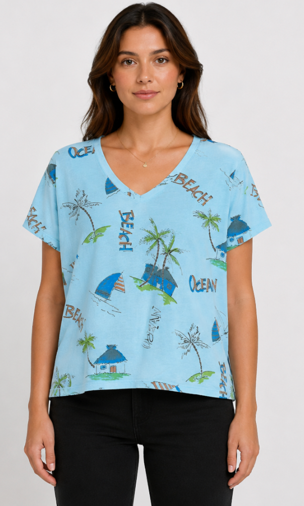 Prairie Cotton by CMC Printed Relaxed V-Neck Top - OC165/P - OCEAN CARIBE
