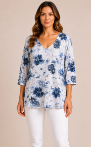 Prairie Cotton by CMC Printed Godet Back Tunic - IN269/P - JERSEY NEW INDIGO