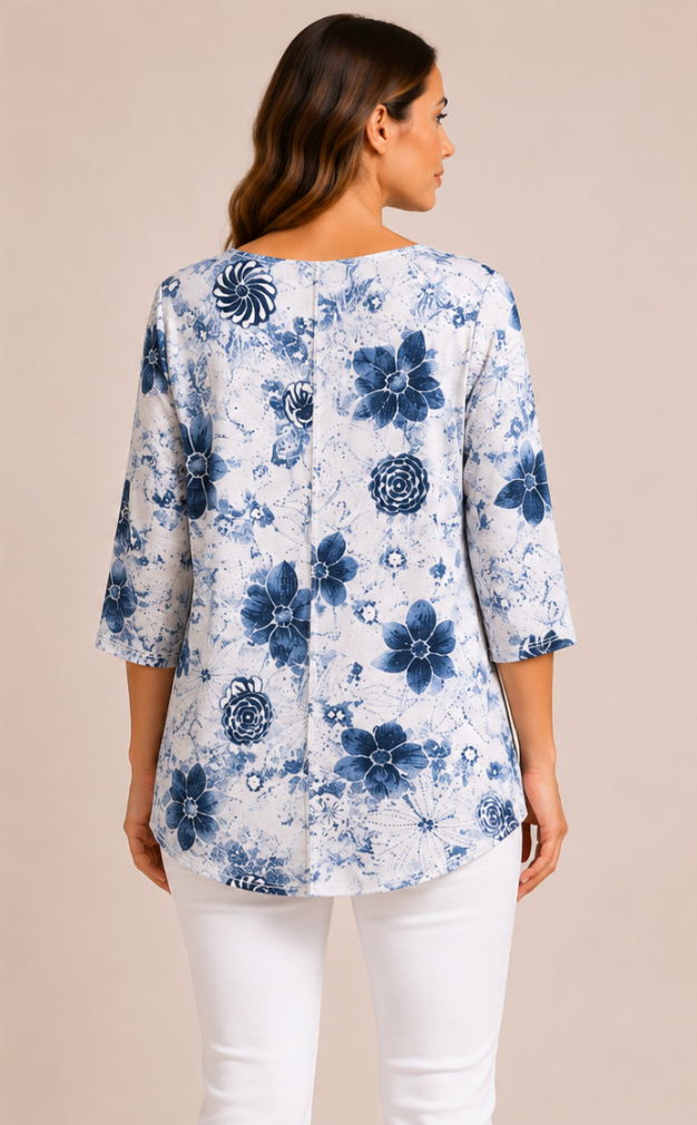 Prairie Cotton by CMC Printed Godet Back Tunic - IN269/P - JERSEY NEW INDIGO