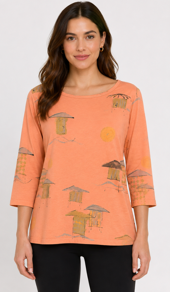 Prairie Cotton by CMC Printed 3/4 Sleeve Boat Neck Top - BB276/P - JERSEY BORA BORA