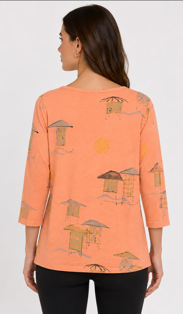 Prairie Cotton by CMC Printed 3/4 Sleeve Boat Neck Top - BB276/P - JERSEY BORA BORA