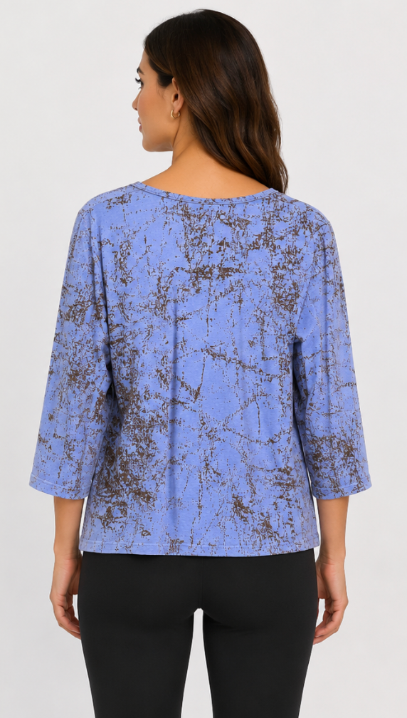 Prairie Cotton by CMC Printed Fitted 3/4 Sleeve V-Neck Top - SR286/P - JERSEY SCRIBBLE