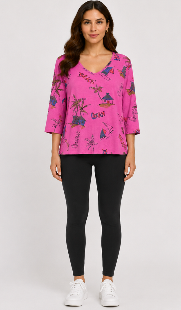 Prairie Cotton by CMC Printed Fitted 3/4 Sleeve V-Neck Top - OC286/P - JERSEY OCEAN CARIBE