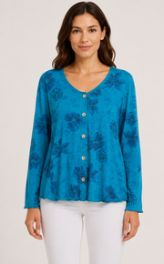 Prairie Cotton by CMC Printed Button Down Cardigan - IN576/P - JERSEY NEW INDIGO