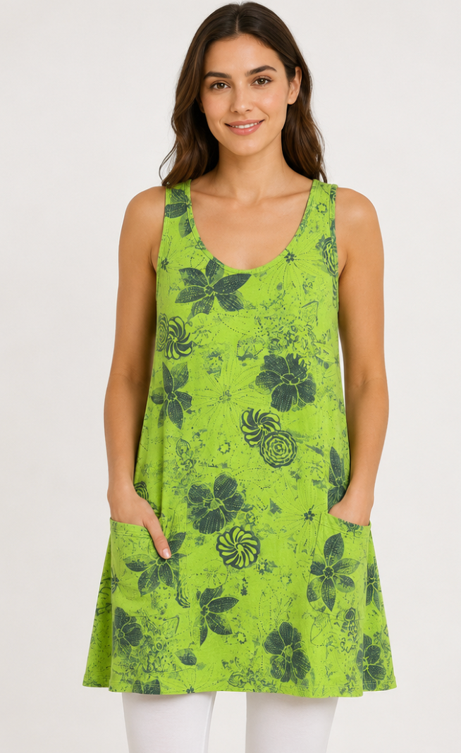 Prairie Cotton by CMC Printed Tank Patch Pocket Dress - IN363/P - JERSEY NEW INDIGO
