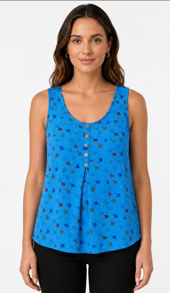 Prairie Cotton by CMC Crinkle Gauze Printed Pleated Tank Top - BY051/P - BUTTERFLY