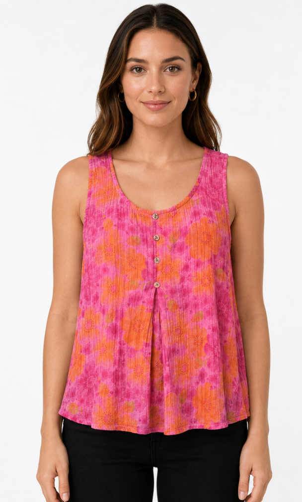 Prairie Cotton by CMC Crinkle Gauze Printed Pleated Tank Top - RR051/P - RAINBOW ROSES