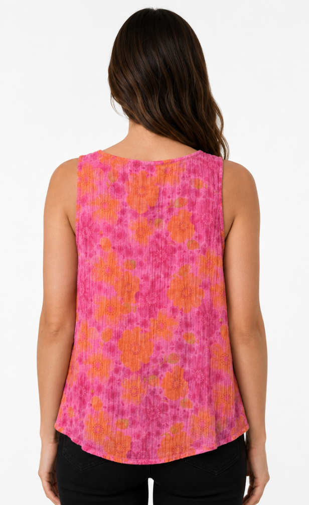 Prairie Cotton by CMC Crinkle Gauze Printed Pleated Tank Top - RR051/P - RAINBOW ROSES
