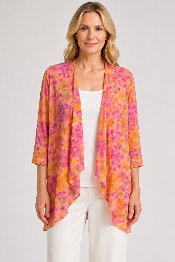 Prairie Cotton by CMC Crinkle Gauze Printed Open Jacket - RR246/P - RAINBOW ROSES