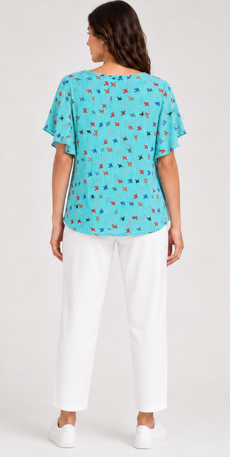 Prairie Cotton by CMC Crinkle Gauze Printed Ruffle Sleeve Top - BY807/P - BUTTERFLY