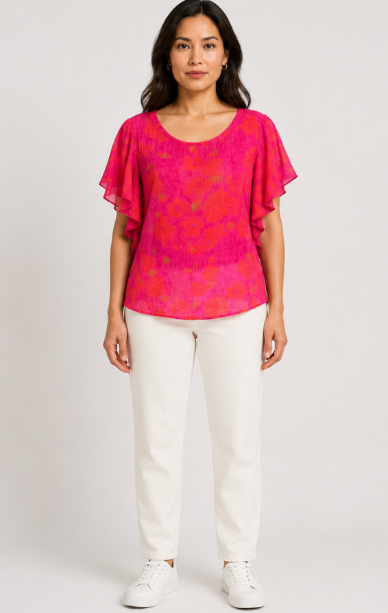 Prairie Cotton by CMC Crinkle Gauze Printed Ruffle Sleeve Top - RR807/P - RAINBOW ROSES