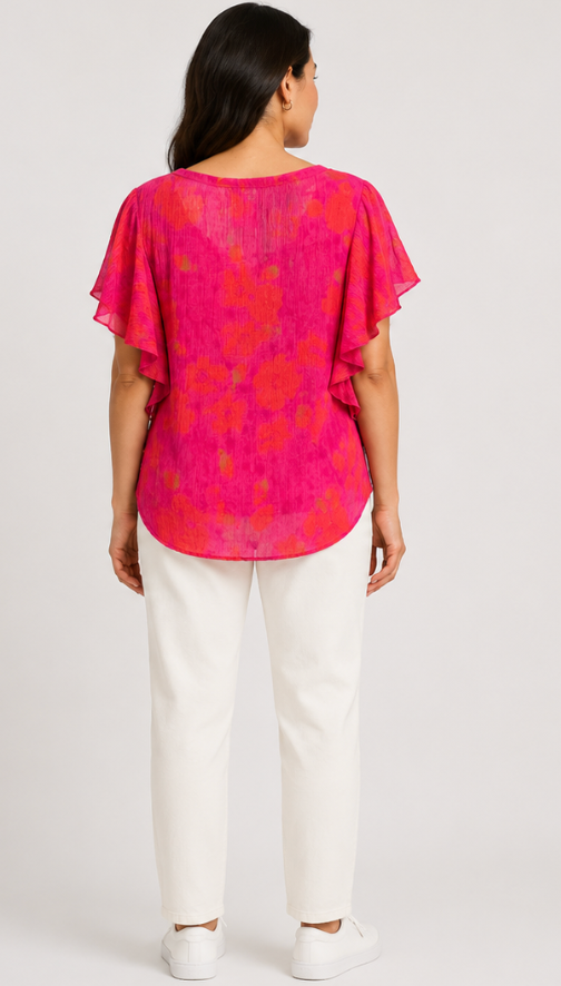 Prairie Cotton by CMC Crinkle Gauze Printed Ruffle Sleeve Top - RR807/P - RAINBOW ROSES