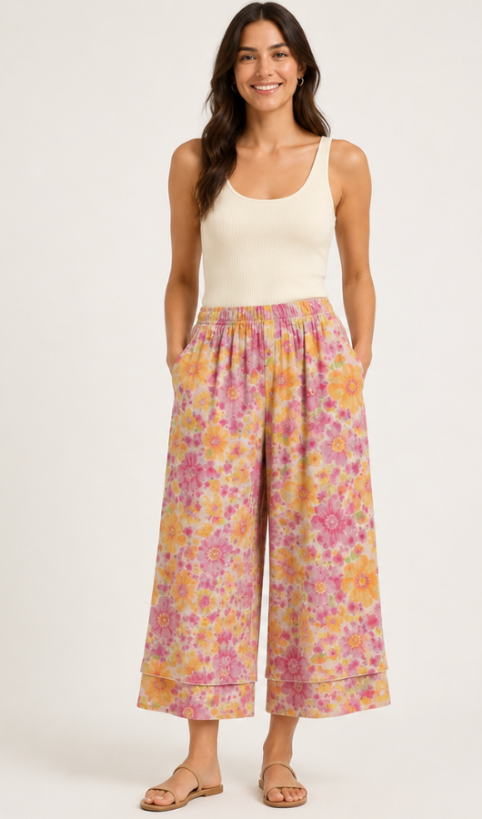 Prairie Cotton by CMC Crinkle Gauze Printed Crop Layered Pant - RR936/P - RAINBOW ROSES