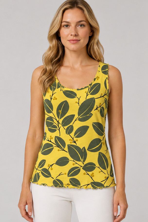 Prairie Cotton by CMC Soft Cotton Printed Fitted Tank Top - DL043/P - DEN LEAVES