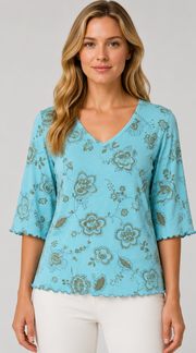 Prairie Cotton by CMC Soft Cotton Printed Kitty Crew Lettuce Edge Top - FF192/P - FRESH FLORAL