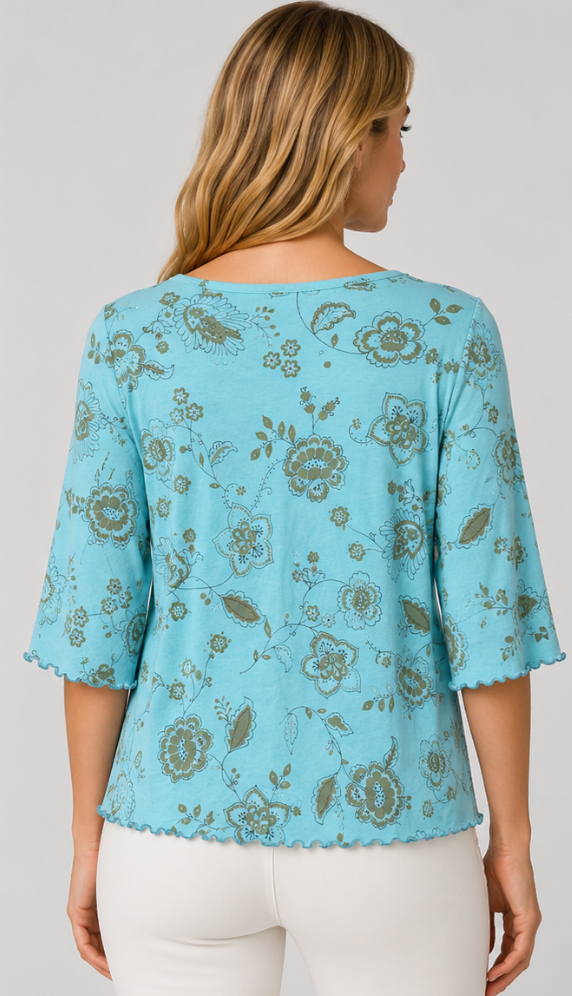 Prairie Cotton by CMC Soft Cotton Printed Kitty Crew Lettuce Edge Top - FF192/P - FRESH FLORAL
