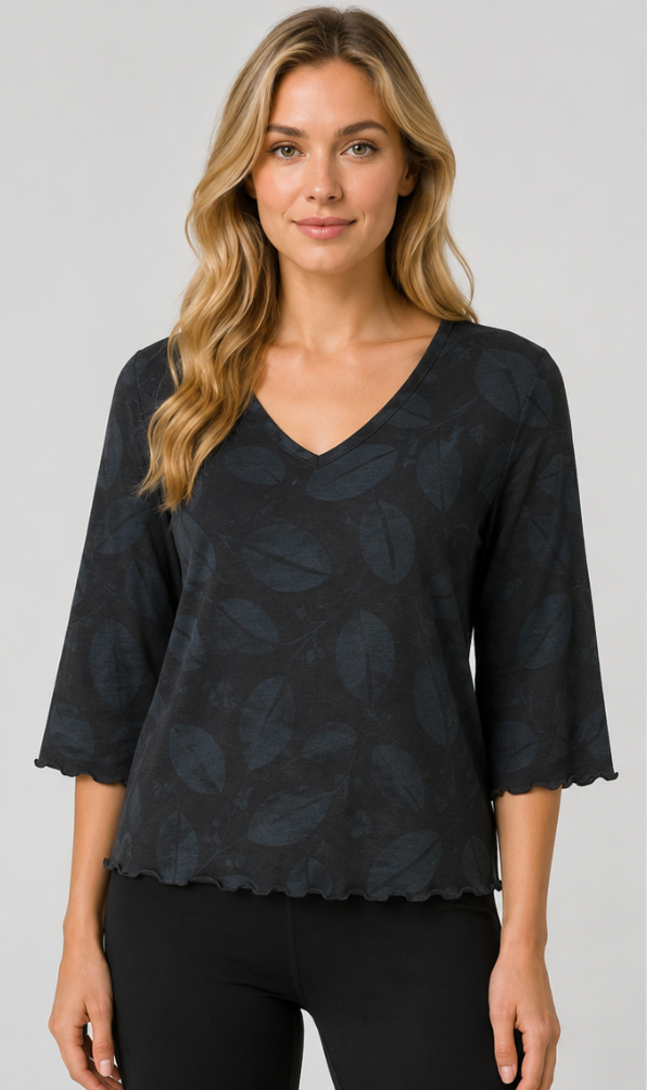 Prairie Cotton by CMC Soft Cotton Printed Kitty Crew Lettuce Edge Top - DL192/P - DEN LEAVES
