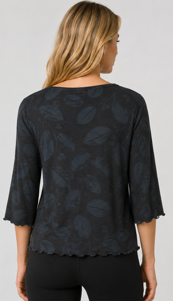 Prairie Cotton by CMC Soft Cotton Printed Kitty Crew Lettuce Edge Top - DL192/P - DEN LEAVES