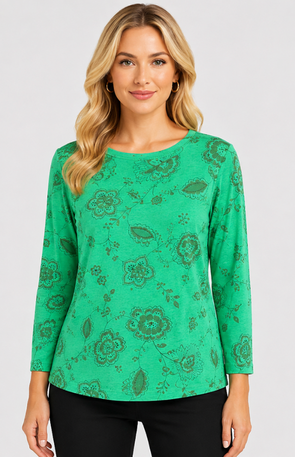 Prairie Cotton by CMC Soft Cotton Printed 3/4 Boatneck Sleeve Top - FF219/P - FRESH FLORAL