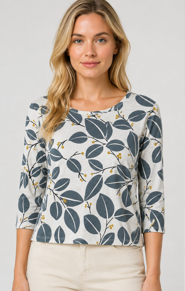 Prairie Cotton by CMC Soft Cotton Printed 3/4 Boatneck Sleeve Top - DL219/P - DEN LEAVES