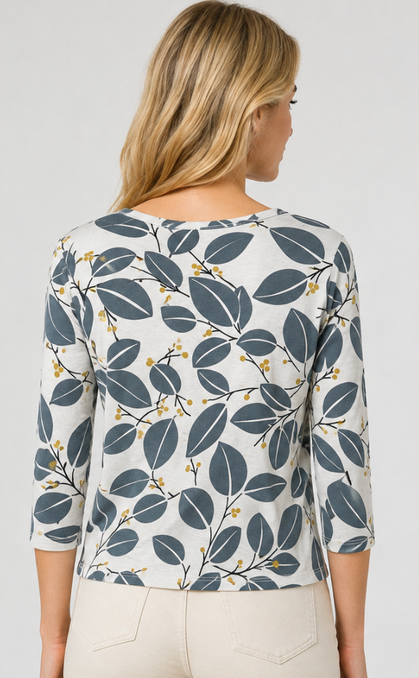 Prairie Cotton by CMC Soft Cotton Printed 3/4 Boatneck Sleeve Top - DL219/P - DEN LEAVES