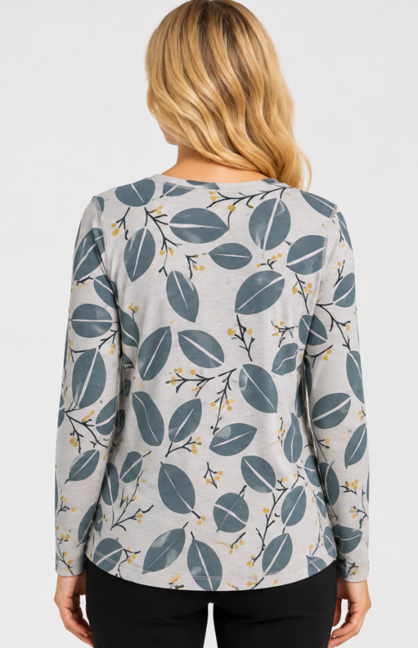 Prairie Cotton by CMC Soft Cotton Printed Kitty Crew Top - DL225/P - DEN LEAVES